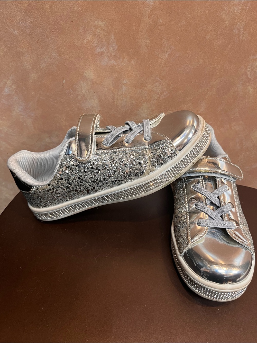 Kids Silver Metallic Glitter Bling Sneakers